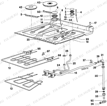 Взрыв-схема плиты (духовки) Faure CCD650W1 - Схема узла Oven and Top functional parts